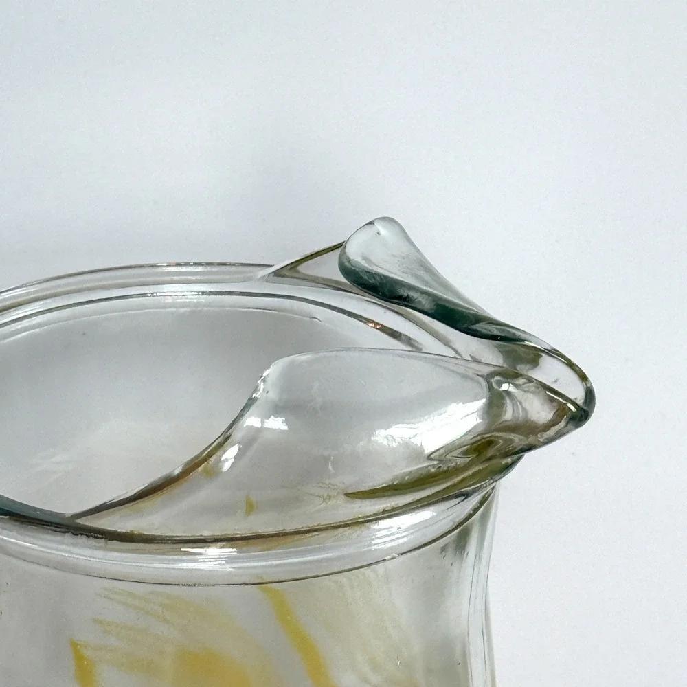 Vintage Mid Century Glass Juice Pitcher‎ Yellow Golden Wheat Pattern Ice Lip